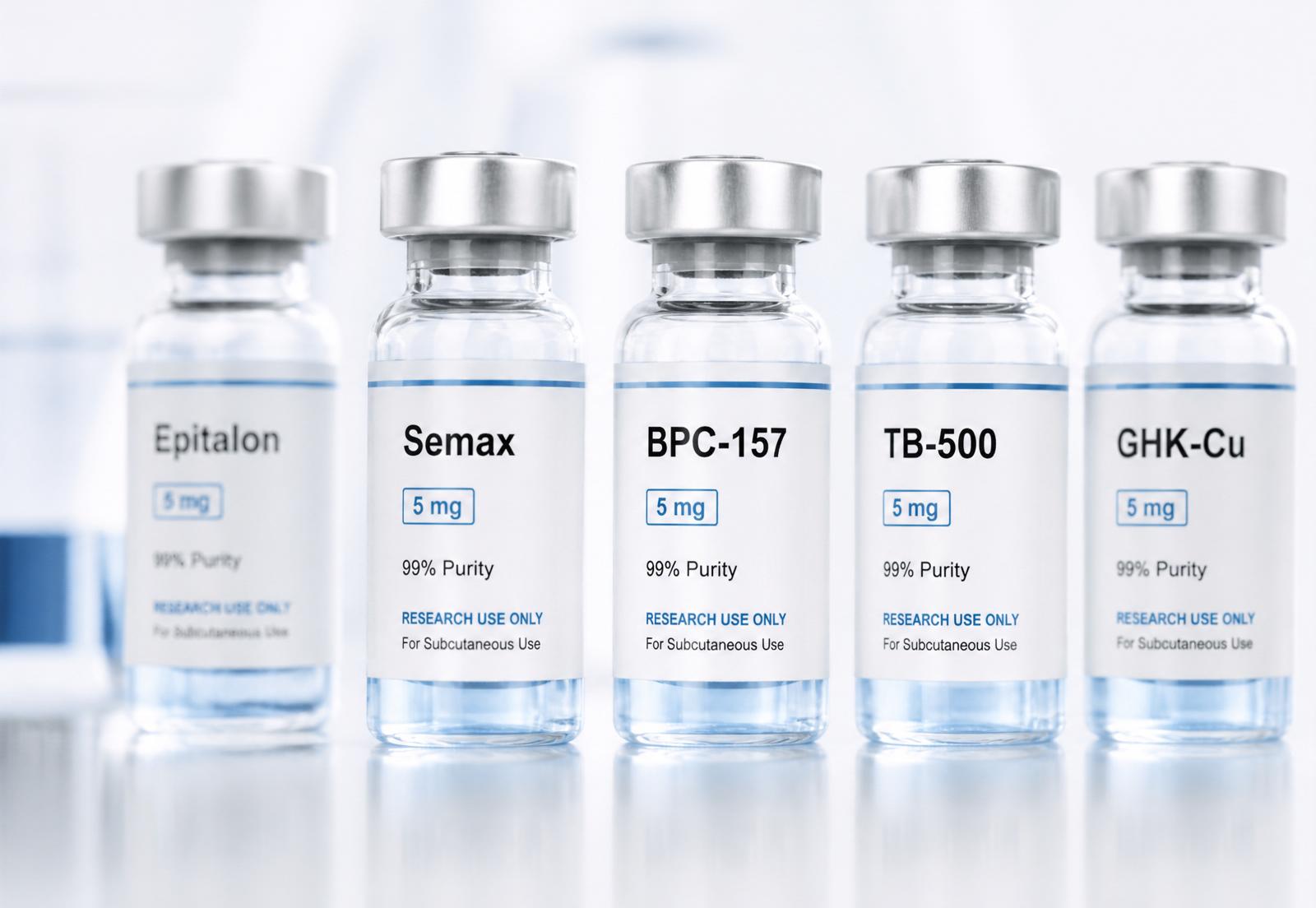 Row of research peptide vials in a laboratory setting