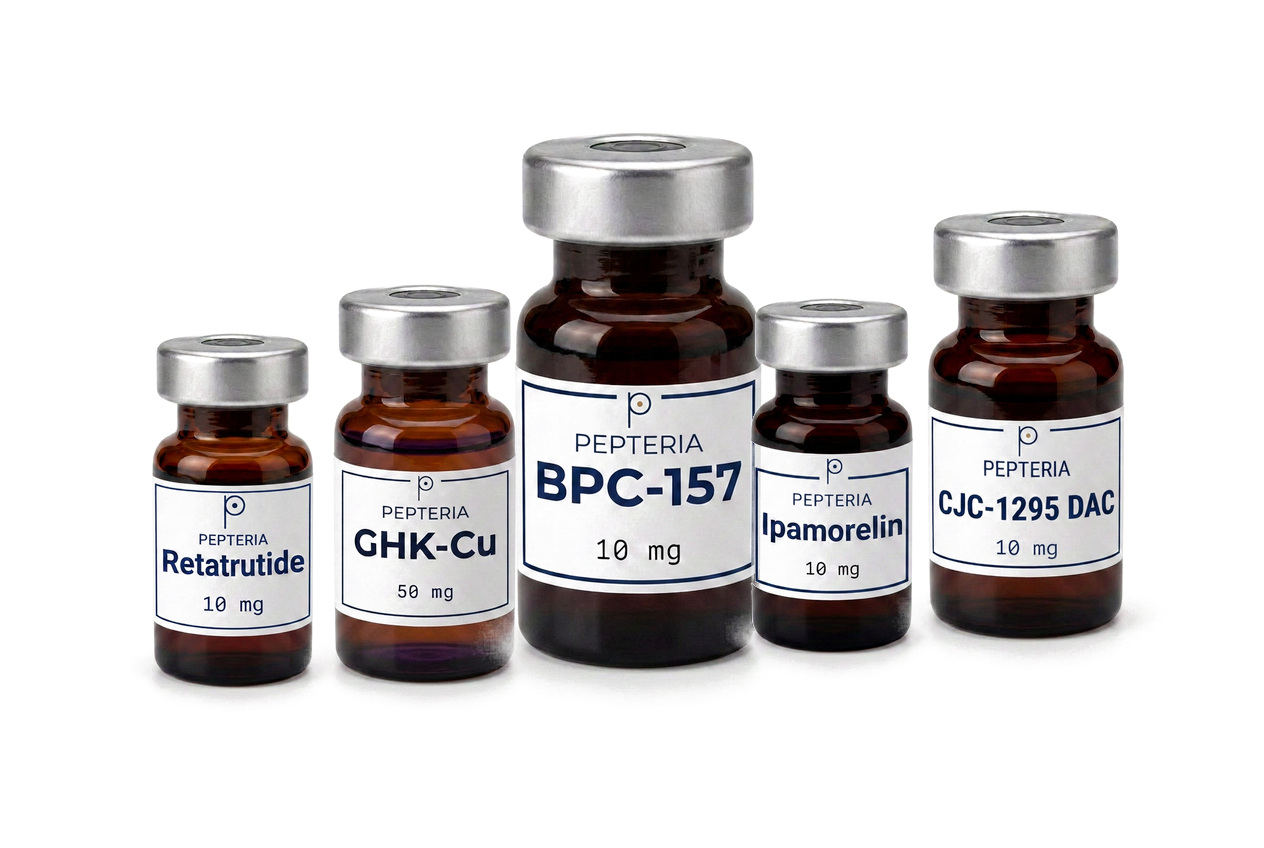 Row of research peptide vials including GHK-Cu, BPC-157, Retatrutide, Ipamorelin and CJC-1295