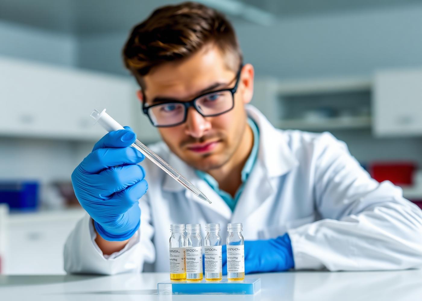 Pepteria researcher examining peptide vials